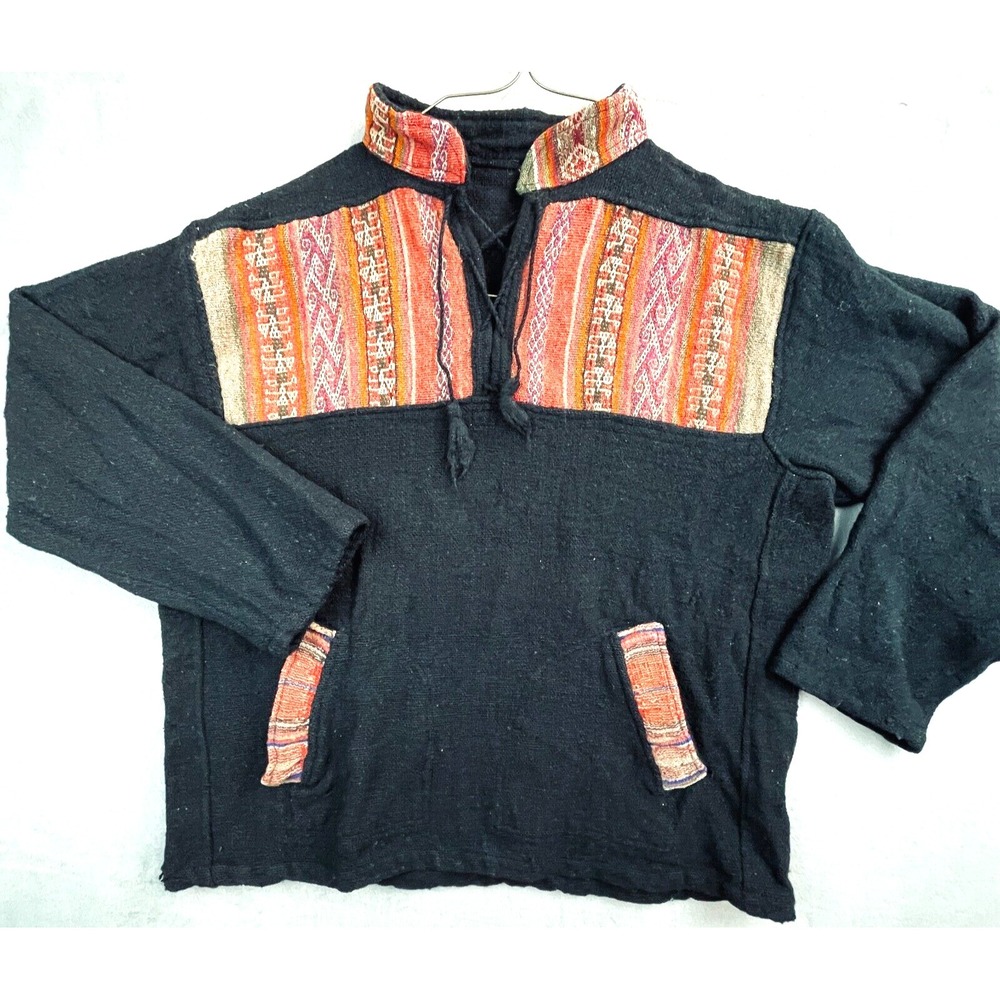Vtg Woven Black & Tribal Embellished Pullover Unisex Sz Large Drawstring Closure